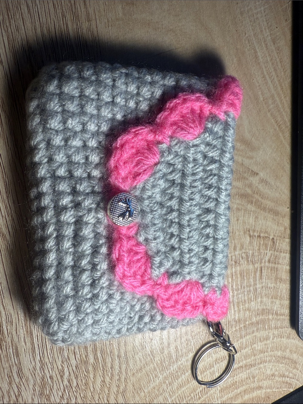 Handmade Gray Crochet Coin Pouch with Pink Scallop Edge